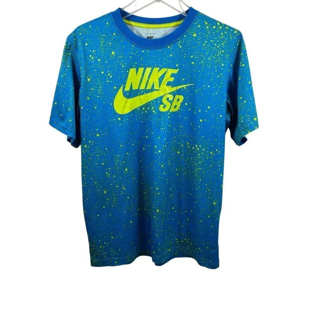 Big Boys Nike SB Dri-Fit Blue and Green‎ Splatter Logo T-Shirt Size XL